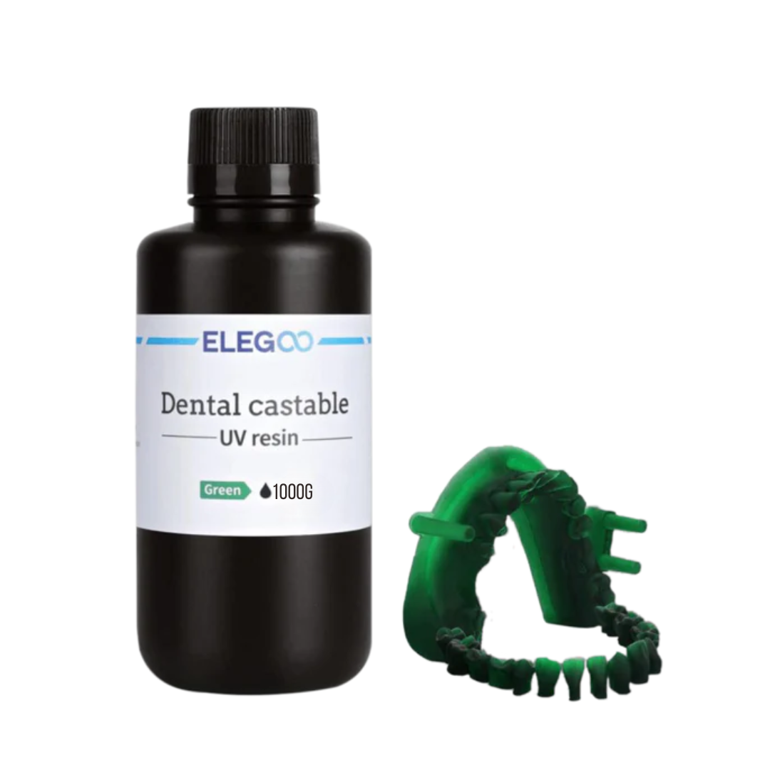 ELEGOO Dental Castable UV Green da 1 kg, bottiglia e modello