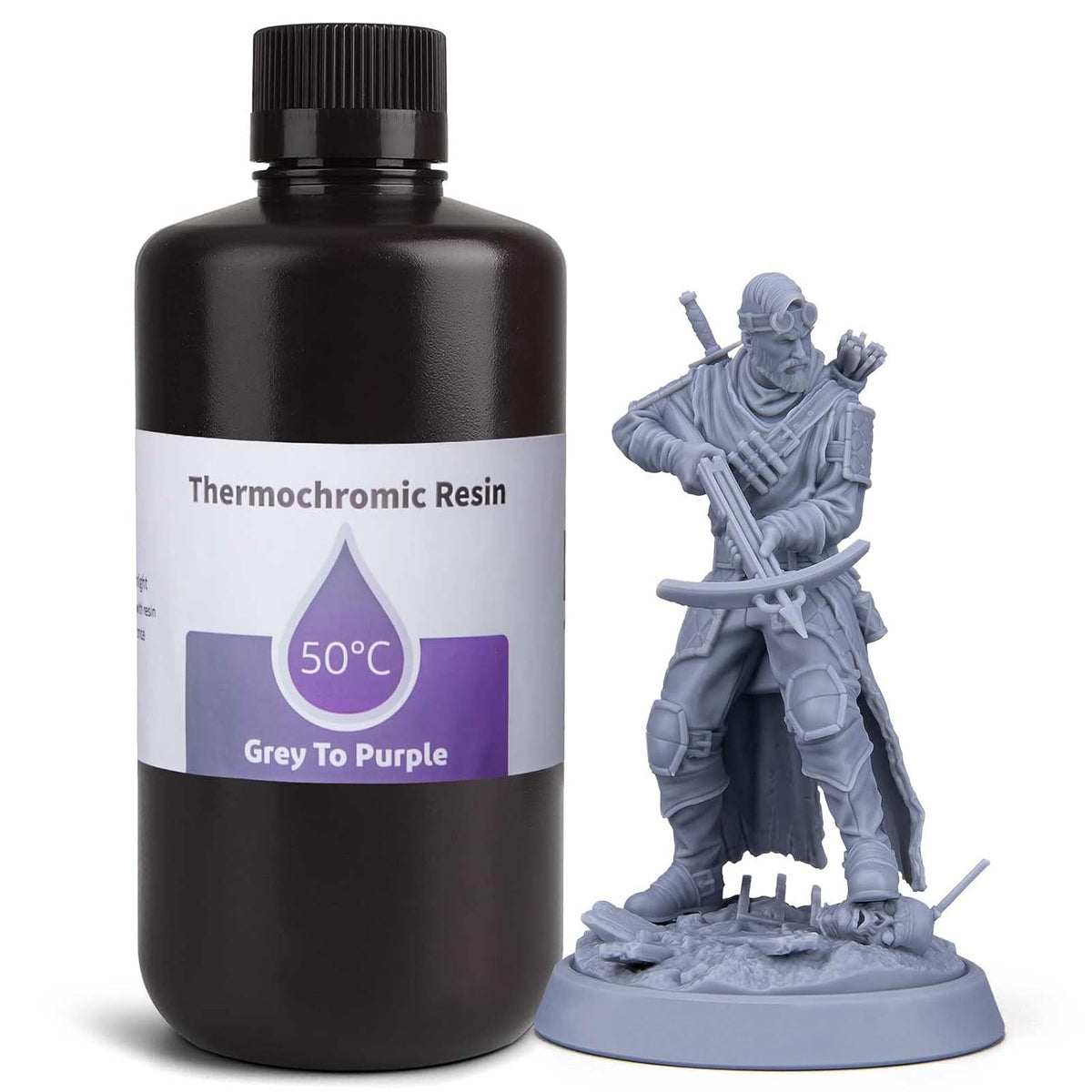 ELEGOO Thermochromic Grey to Purple da 1 kg, bottiglia con esempio di modello