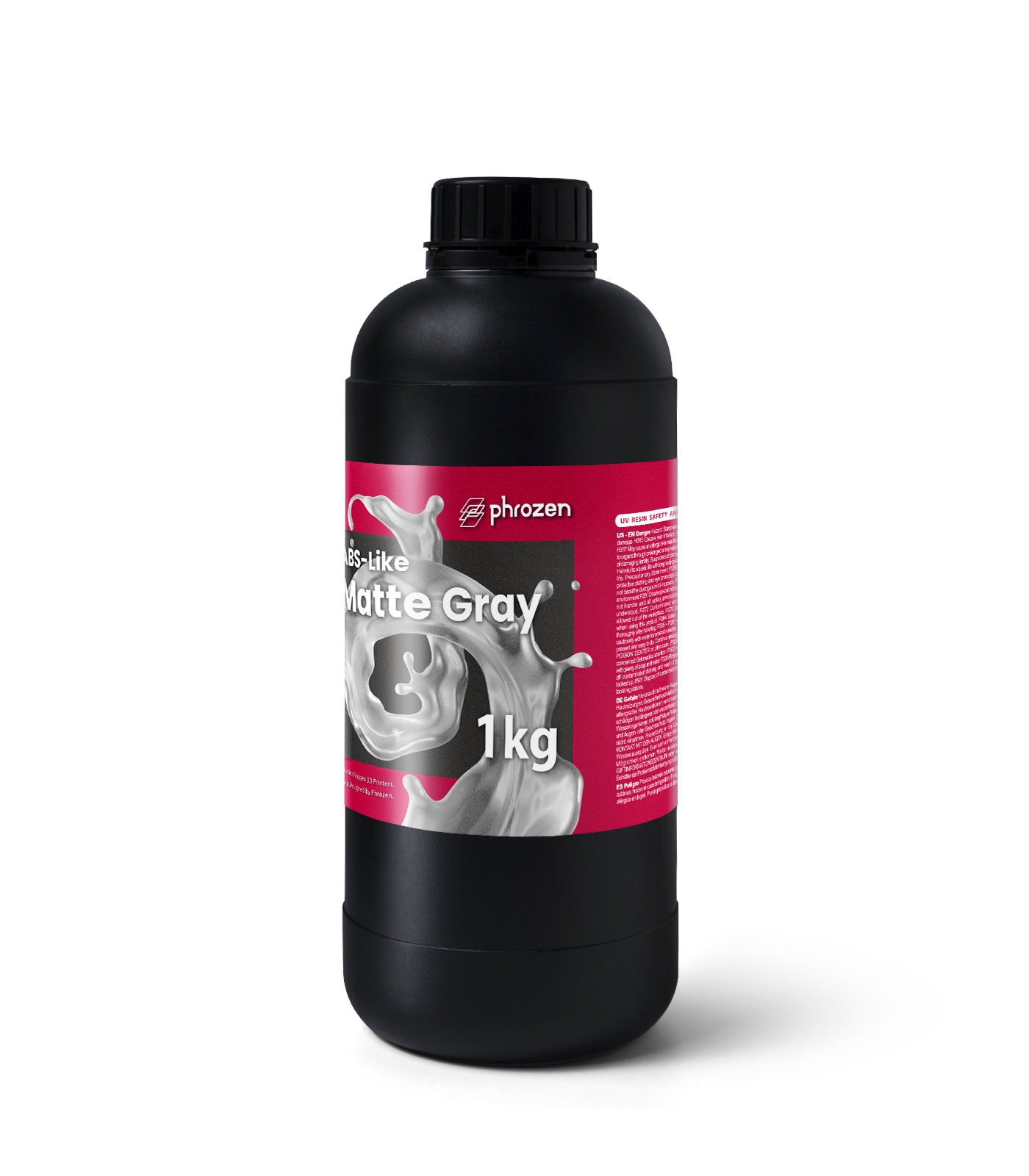 Vista laterale del flacone Phrozen ABS-Like Matte Gray con avvertenze